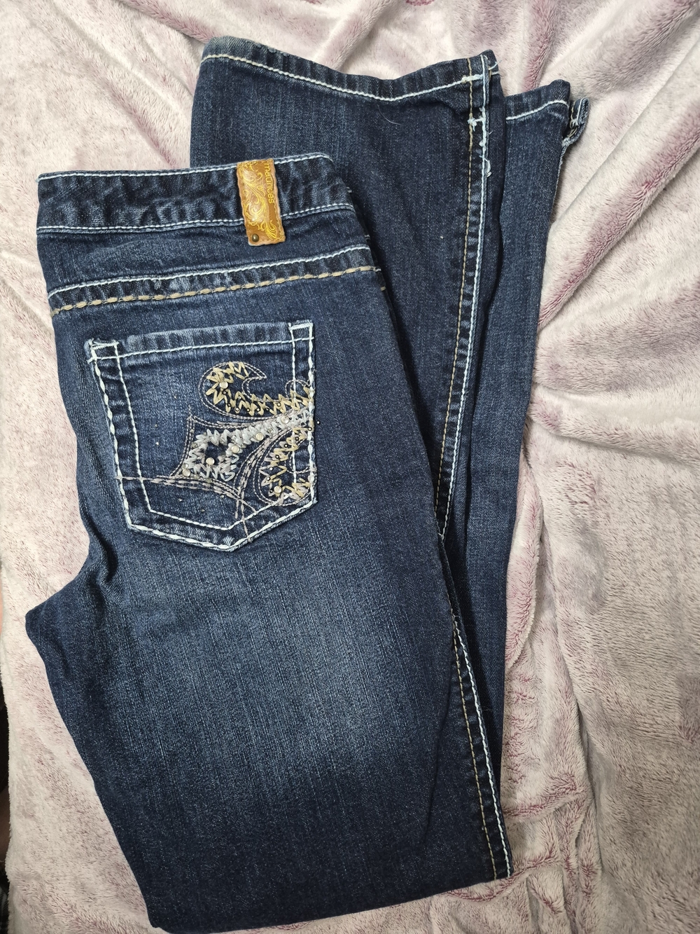 Maurices Dark Blue Bootcut Jeans with Embroidered Back Pocket and Tan Accent